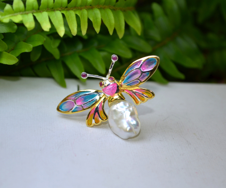 Brosa argint Fluture, email si perla perla Baroque [3]