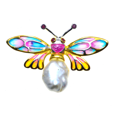 Brose argint - Brosa argint Fluture, email si perla perla Baroque