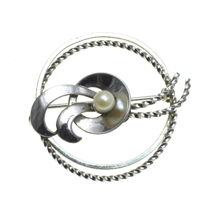 REDUCERI - Brosa argint Mid-Century rodiata  perla semnata casa bijuterii anglia