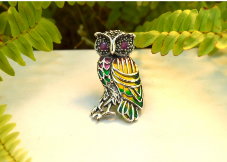 Brosa argint modernista model Bufnita email Plique-a-Jour marcasite rubine  [3]