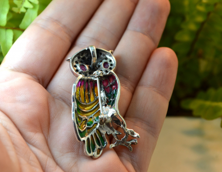 Brosa argint modernista model Bufnita email Plique-a-Jour marcasite rubine  [2]