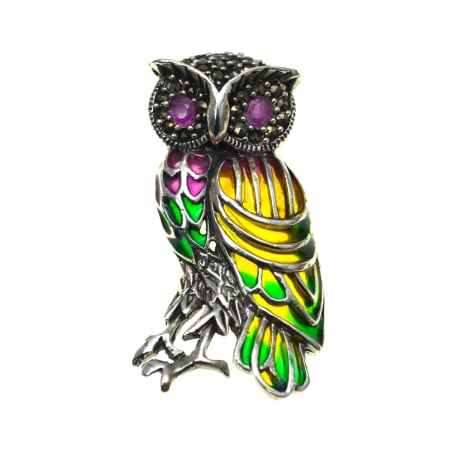 Brose argint - Brosa argint modernista model Bufnita email Plique-a-Jour marcasite rubine 