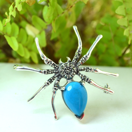 Brosa argint, model Spider, turcoaz si marcasite [3]