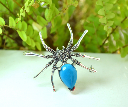 Brosa argint, model Spider, turcoaz si marcasite [3]