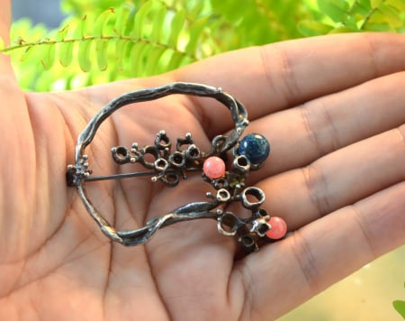 Brosa argint modernista cuart roz lapis lazuli design brutalist [1]