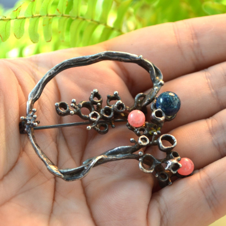 Brosa argint modernista cuart roz lapis lazuli design brutalist [1]