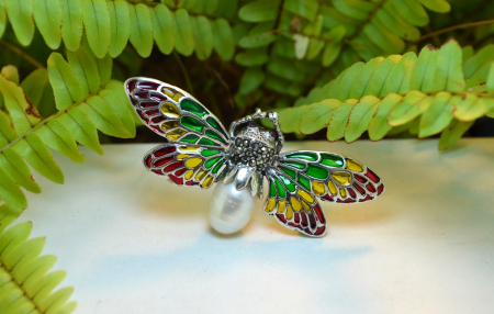 Brosa argint modernista model Fluturas email plique-a-jour marcasite rubine [3]