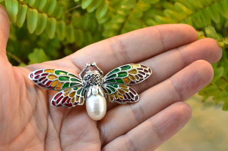 Brosa argint modernista model Fluturas email plique-a-jour marcasite rubine [1]