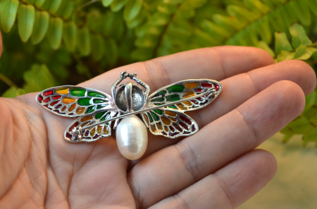 Brosa argint modernista model Fluturas email plique-a-jour marcasite rubine [2]