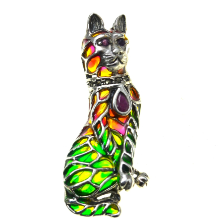 Brose argint - Brosa argint modernista model Pisicuta aristocrata lucrata manual emailare Plique-à-Jour vitraliu in bijuterie rubine marcasite