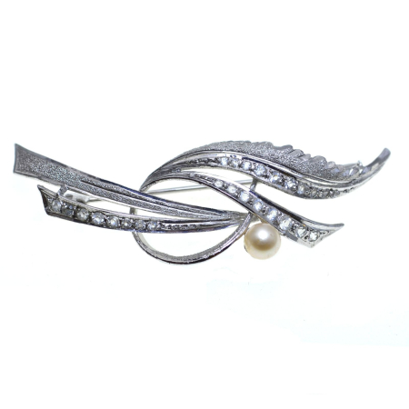 Brose argint - Brosa argint rodiat vintage, perla si cristale CZ A Vintage Collection