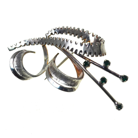 Brose argint - Brosa argint statement, stil modernist si cristale verzi