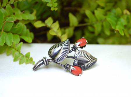 Brosa argint vintage, coral natural, semnata Teka [3]