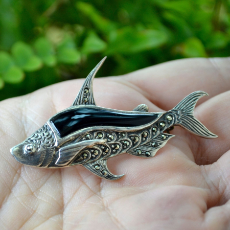 Brosa argint vintage model Fish onix marcasite [1]