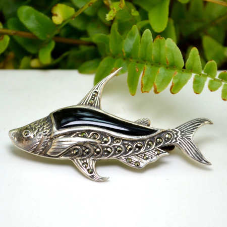 Brosa argint vintage model Fish onix marcasite [3]