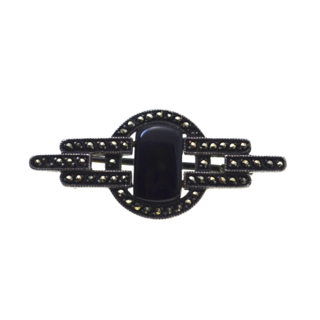 Pietre naturale - Brosa argint vintage, onix si marcasite, Art Deco style A Vintage Collection