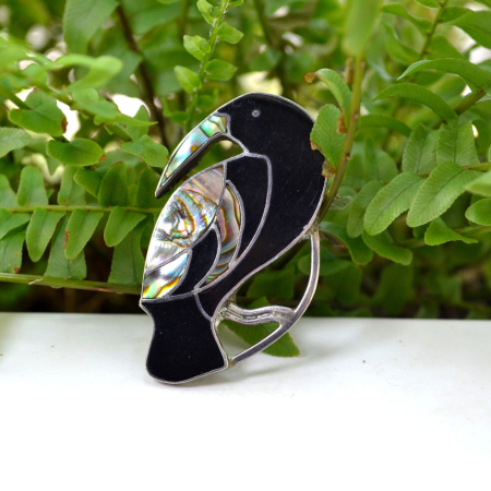 Brosa argint vintage, Tucan, onix si abalone [3]