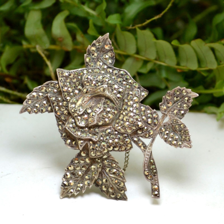 Brosa din argint interbelica model Trandafir marcasite [3]