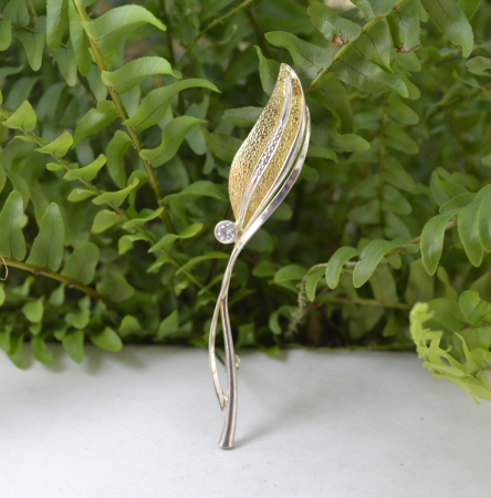 Brosa din argint Mid-Century, model Leaf, semnata [3]