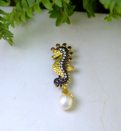 Brosa-pandant argint Calut de mare, rubine si perla naturala [3]