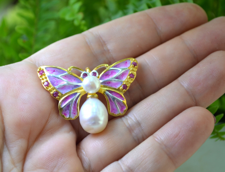 Brosa-pandant argint Fluture, rubine si perle naturale [1]
