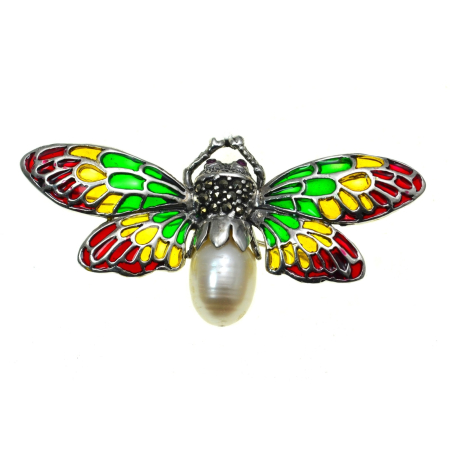 Perle naturale - Brosa argint modernista model Fluturas email plique-a-jour marcasite rubine