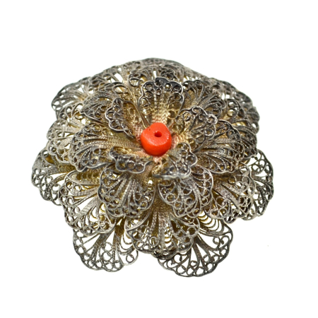 Brosa romaneasca argint vintage model floral lucrata manual filigran coral rosu [0]