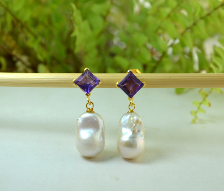 Cercei argint aurit, ametiste si perle naturale Baroque [3]