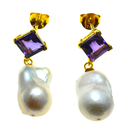 Perle naturale - Cercei argint aurit, ametiste si perle naturale Baroque
