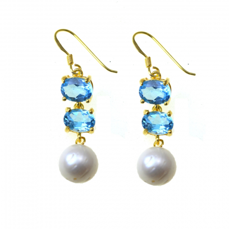 Cercei argint - Cercei argint aurit, Blue Topaz si perle naturale