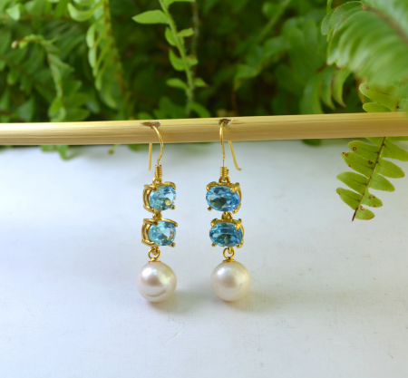 Cercei argint aurit, Blue Topaz si perle naturale [3]