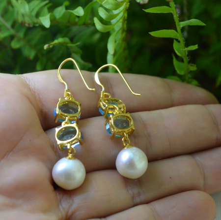 Cercei argint aurit, Blue Topaz si perle naturale [2]