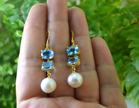 Cercei argint aurit, Blue Topaz si perle naturale [1]