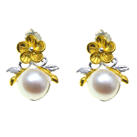 Cercei argint - Cercei argint aurit, perle naturale, design floral A Vintage Collection