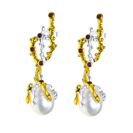 Perle naturale - Cercei argint, granate si perle naturale Baroque