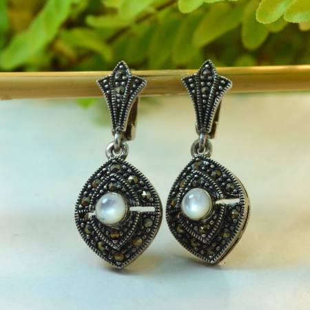 Cercei argint moderni model Drop decorati marcasite sidef [3]