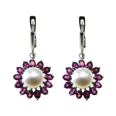 Pietre semipretioase si pretioase - Cercei argint moderni, granate Rodolite si perle naturale