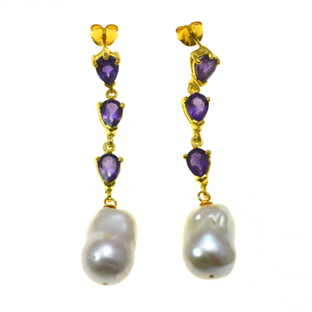 Pietre semipretioase si pretioase - cercei argint aurit vermeil ametiste perle naturale Baroque