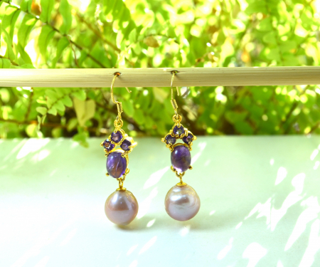 Cercei argint aurit, ametiste si perle roz naturale [3]