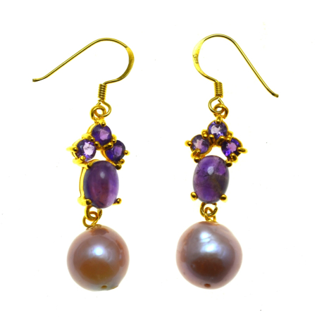 Perle naturale - Cercei argint aurit, ametiste si perle roz naturale