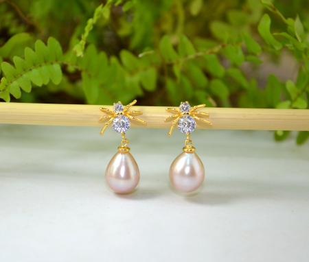 Cercei din argint aurit Spider, perle roz naturale [3]