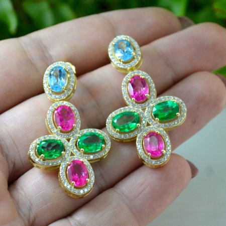 Cercei din argint aurit topaze naturale Green Pink Blue [1]