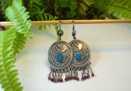 Cercei argint vintage etnici decorati turcoaze granate artizani locali asiatici [3]