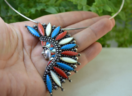 Colier argint cu pandant vintage, Sef de trib indian [1]