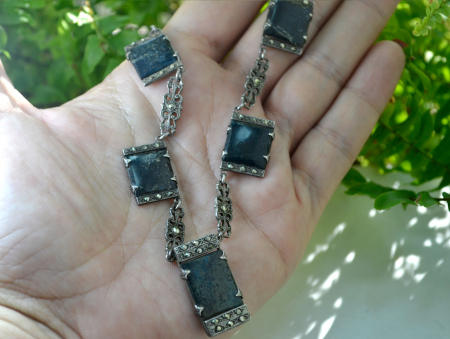 Colier argint vechi interbelic marcasite Green Chrysocolla art nouveau art deco [1]