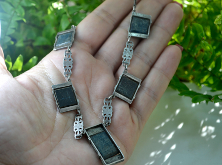 Colier argint vechi interbelic marcasite Green Chrysocolla art nouveau art deco [2]