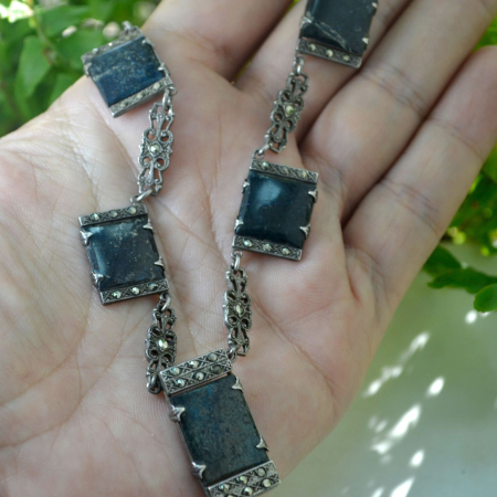 Colier argint vechi interbelic marcasite Green Chrysocolla art nouveau art deco [1]