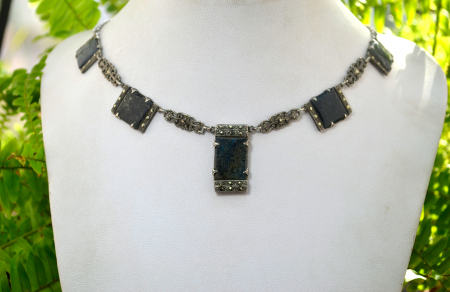 Colier argint vechi interbelic marcasite Green Chrysocolla art nouveau art deco [3]