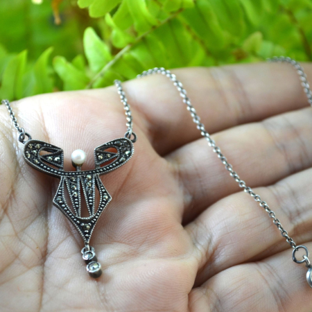 Colier argint vechi, marcasite si perla, Art Deco [1]