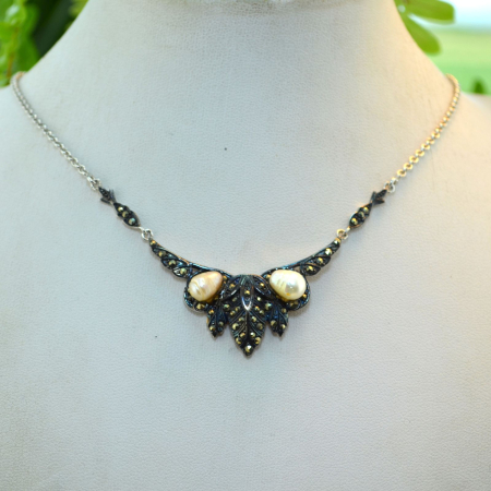 Colier argint vintage, perle naturala si marcasite [3]